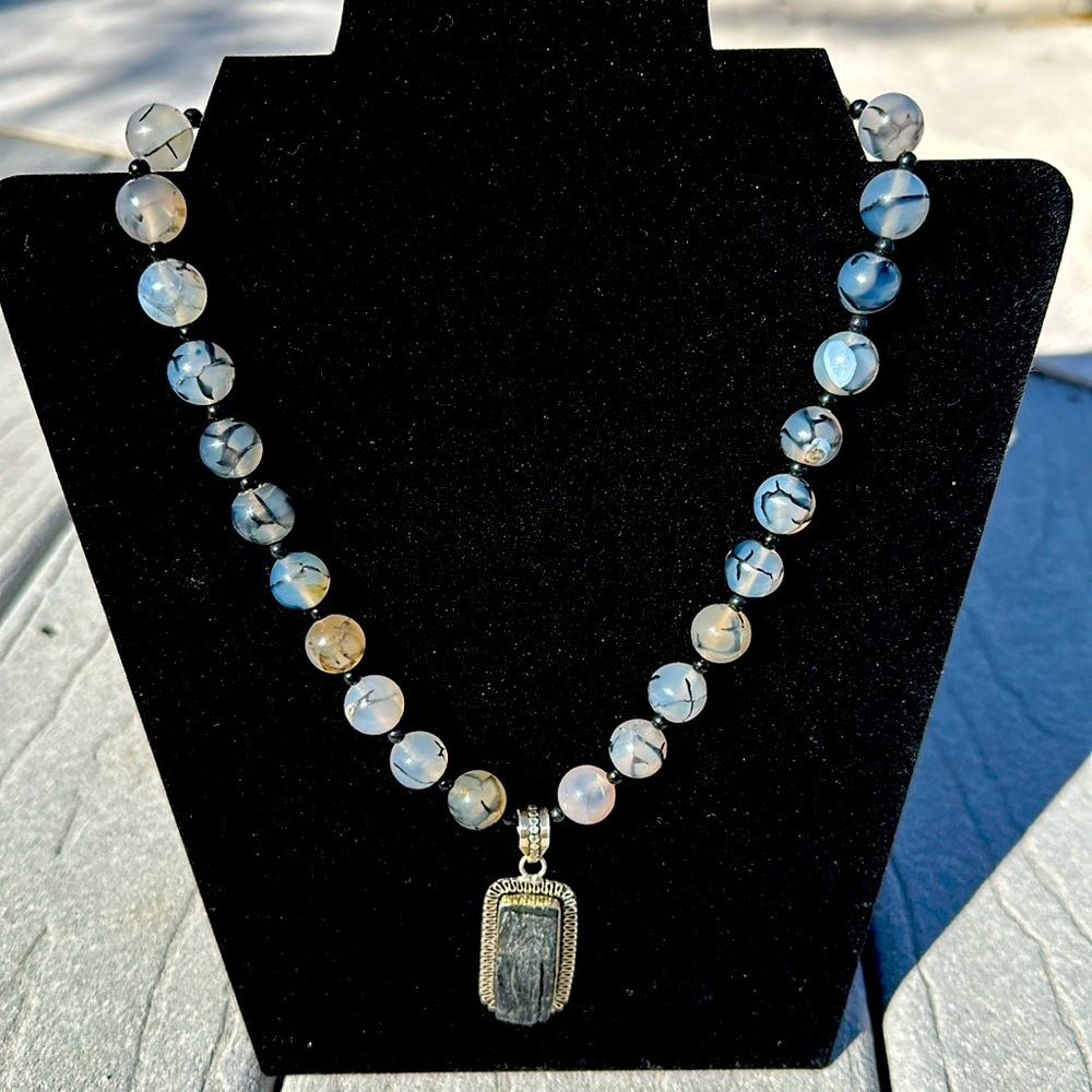 Natural Rough Tourmaline Stone Pendant on Rutilated Quartz Bead Necklace